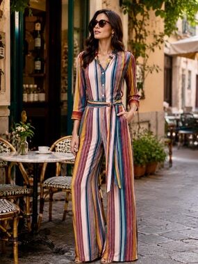 dRA Los Angeles Multicolor Vertical Stripe Long Jumpsuit with Belt